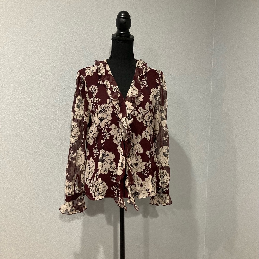 Silk fully lined floral ruffled long sleeve blouse